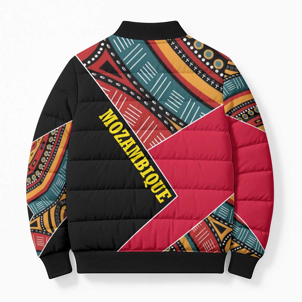 Mozambique Bomber Puffer Jacket with Red Black Geometric Design and Tribal Pattern - Wonder Print Shop