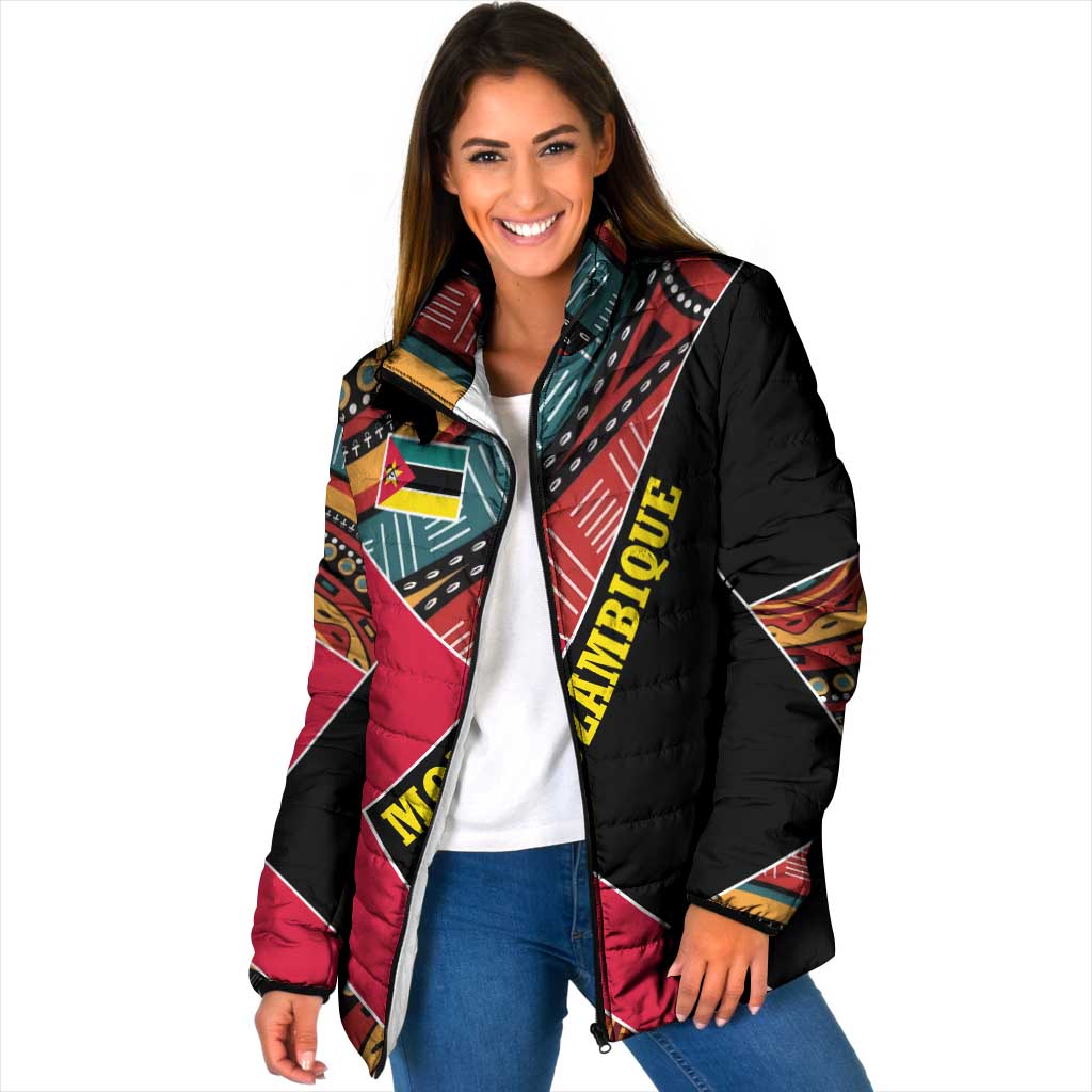 Mozambique Padded Jacket with Red Black Geometric Design and Tribal Pattern - Wonder Print Shop