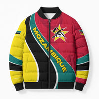 Unisex bomber puffer jacket with multicolor wave panels and Mozambique emblem, front zip