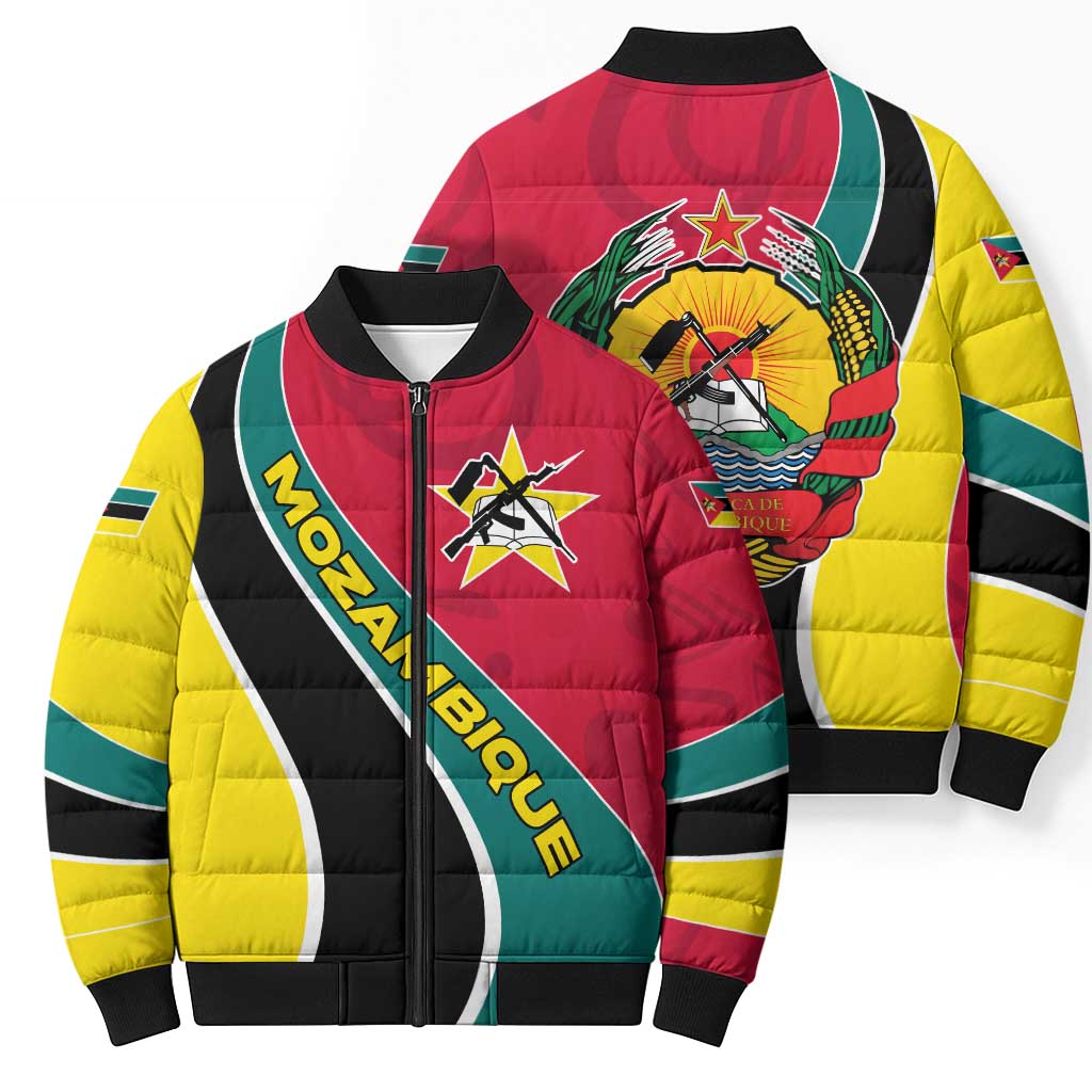 Unisex bomber puffer jacket pair shown: front diagonal stripe emblem and back crest, zip