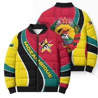 Unisex bomber puffer jacket pair shown: front diagonal stripe emblem and back crest, zip