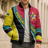 Unisex bomber puffer jacket on model, red yellow green wave stripes with Mozambique emblem, zip