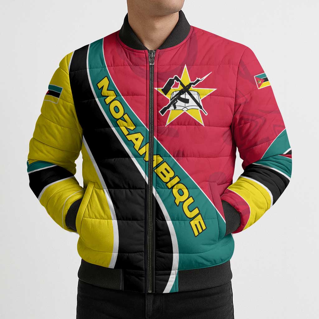 Unisex bomber puffer jacket with Mozambique wave diagonal stripe and emblem patch, front zip