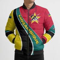 Unisex bomber puffer jacket with Mozambique wave diagonal stripe and emblem patch, front zip