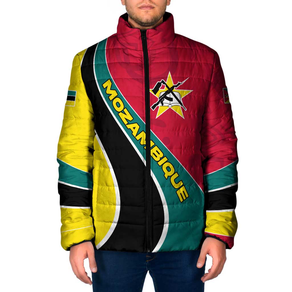 Mozambique Padded Jacket with Red Yellow Green Wave Design and National Emblem - Wonder Print Shop