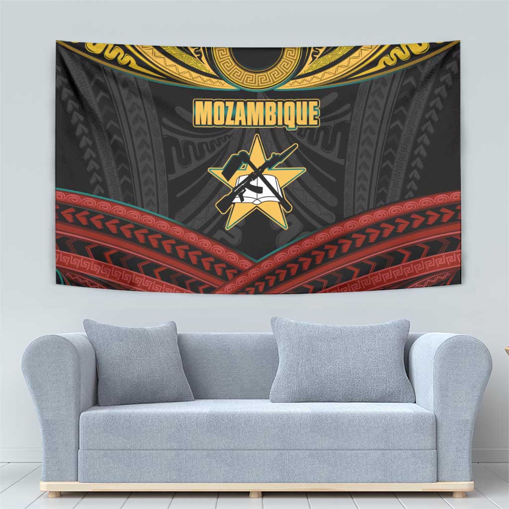 Mozambique Tapestry with Black Red Tribal Design and National Map Pattern - Wonder Print Shop