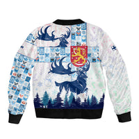 Finland Christmas Bomber Jacket with Reindeer Forest Crest and Nordic Pattern Design - Wonder Print Shop