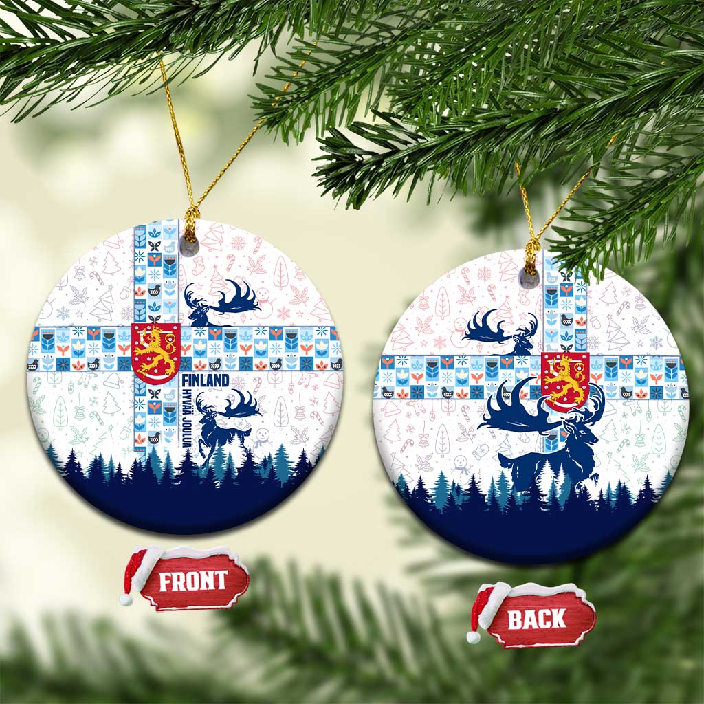 Finland Christmas Ceramic Ornament with Reindeer Forest Crest and Nordic Pattern Design - Wonder Print Shop