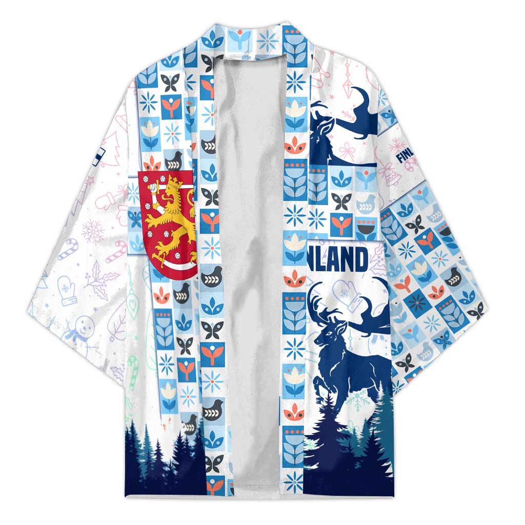 Finland Christmas Kimono with Reindeer Forest Crest and Nordic Pattern Design - Wonder Print Shop