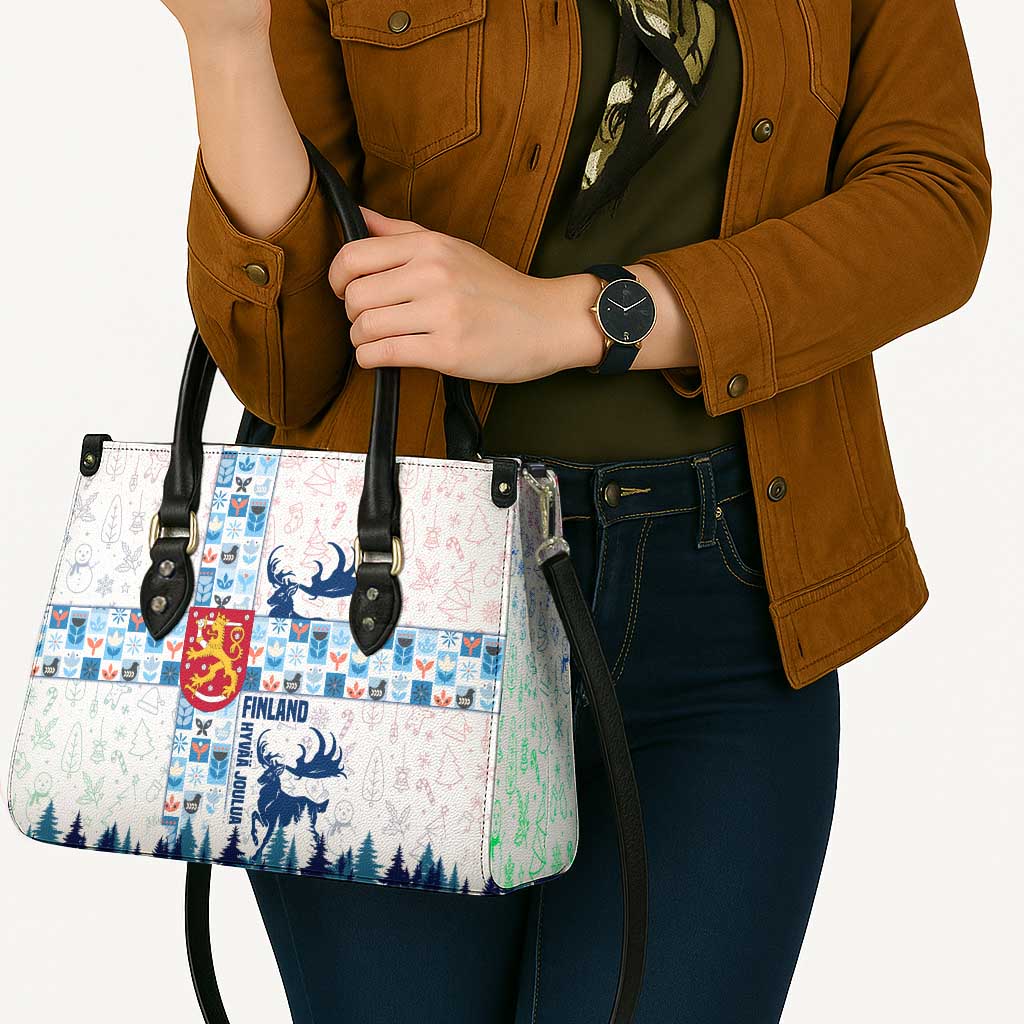 Finland Christmas Leather Bag with Reindeer Forest Crest and Nordic Pattern Design - Wonder Print Shop