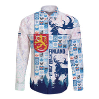 Finland Christmas Long Sleeve Button Shirt with Reindeer Forest Crest and Nordic Pattern Design - Wonder Print Shop