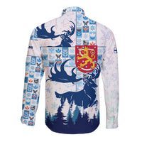 Finland Christmas Long Sleeve Button Shirt with Reindeer Forest Crest and Nordic Pattern Design - Wonder Print Shop