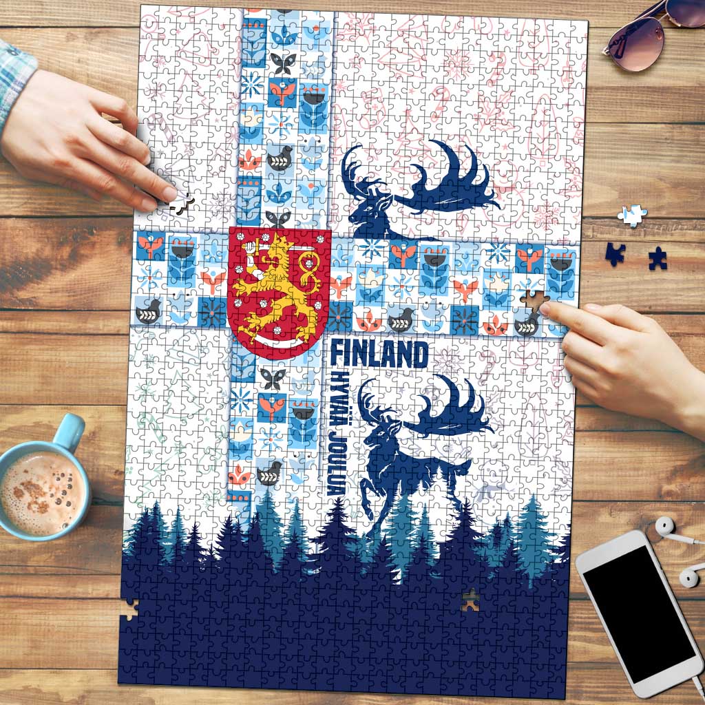 Finland Christmas Puzzle with Reindeer Forest Crest and Nordic Pattern Design - Wonder Print Shop