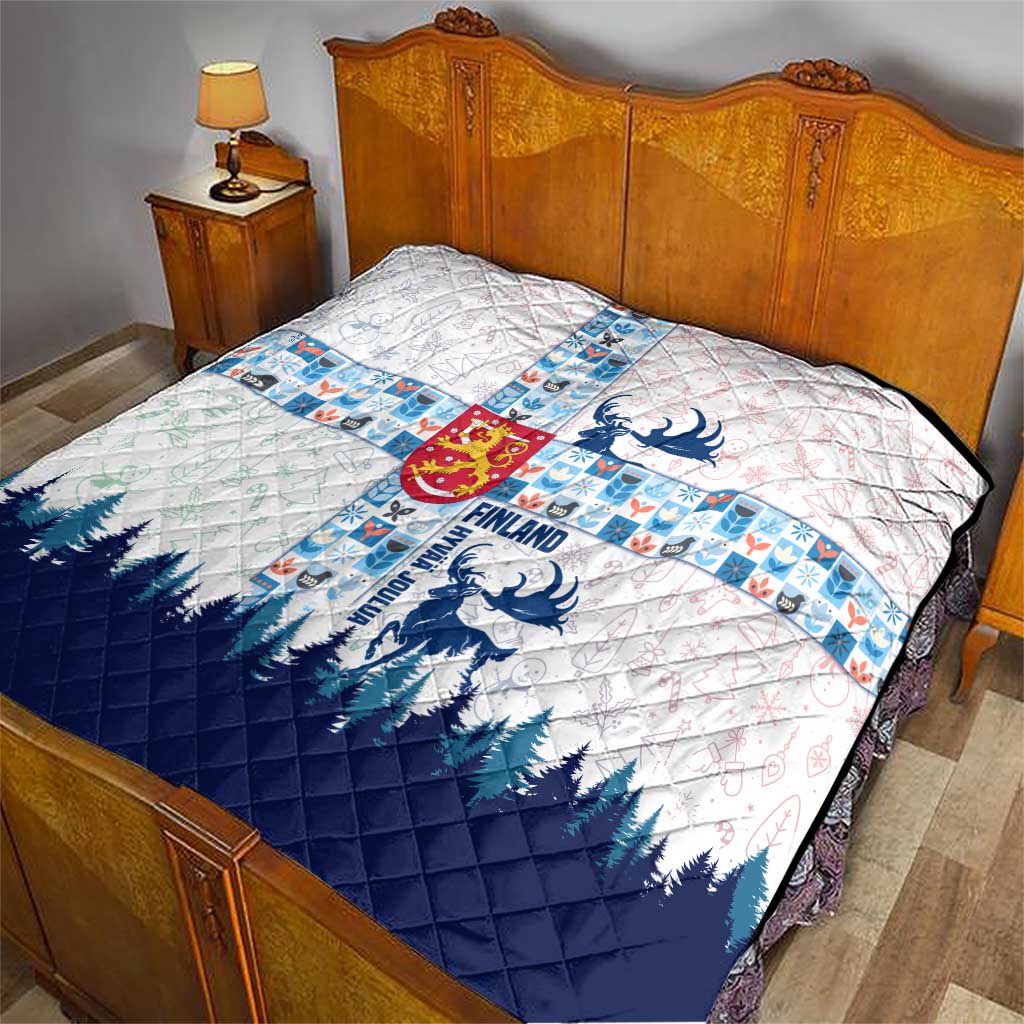 Finland Christmas Quilt with Reindeer Forest Crest and Nordic Pattern Design - Wonder Print Shop
