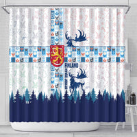 Finland Christmas Shower Curtain with Reindeer Forest Crest and Nordic Pattern Design - Wonder Print Shop