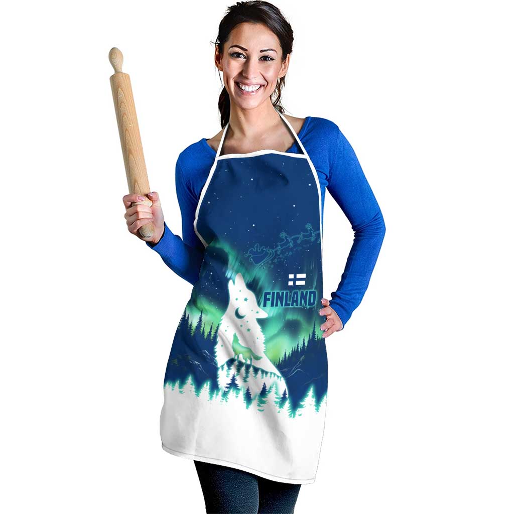 Finland Christmas Apron with Howling Wolf Northern Lights Forest and Snow Design - Wonder Print Shop