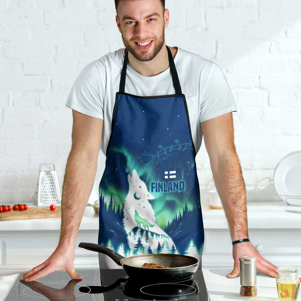 Finland Christmas Apron with Howling Wolf Northern Lights Forest and Snow Design - Wonder Print Shop