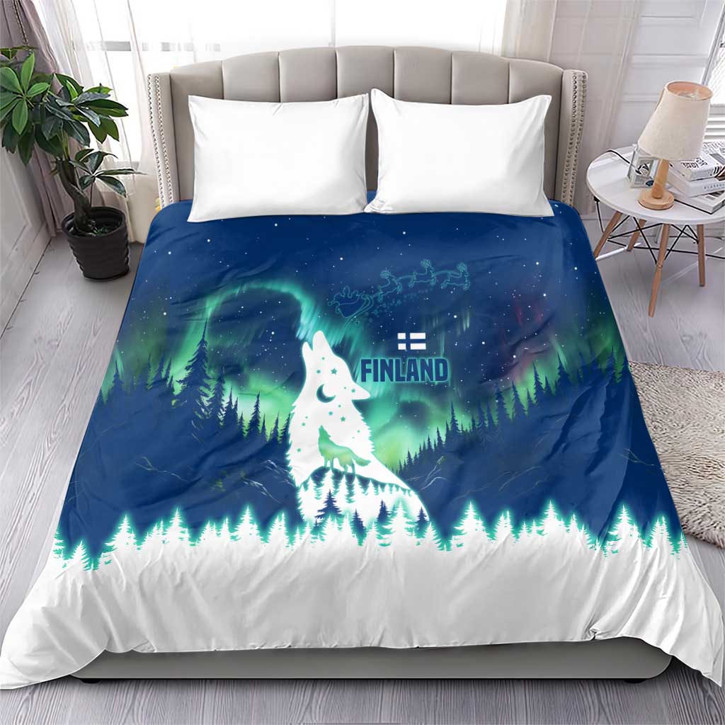 Finland Christmas Bedding Set with Howling Wolf Northern Lights Forest and Snow Design - Wonder Print Shop