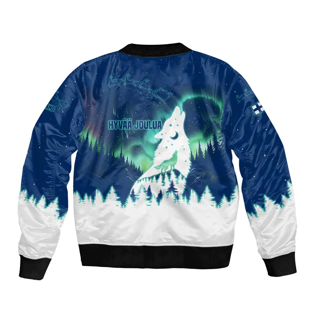 Finland Christmas Bomber Jacket with Howling Wolf Northern Lights Forest and Snow Design - Wonder Print Shop