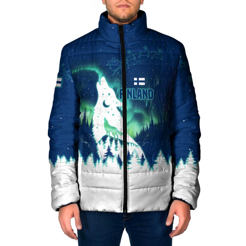 Finland Christmas Padded Jacket with Howling Wolf Northern Lights Forest and Snow Design - Wonder Print Shop