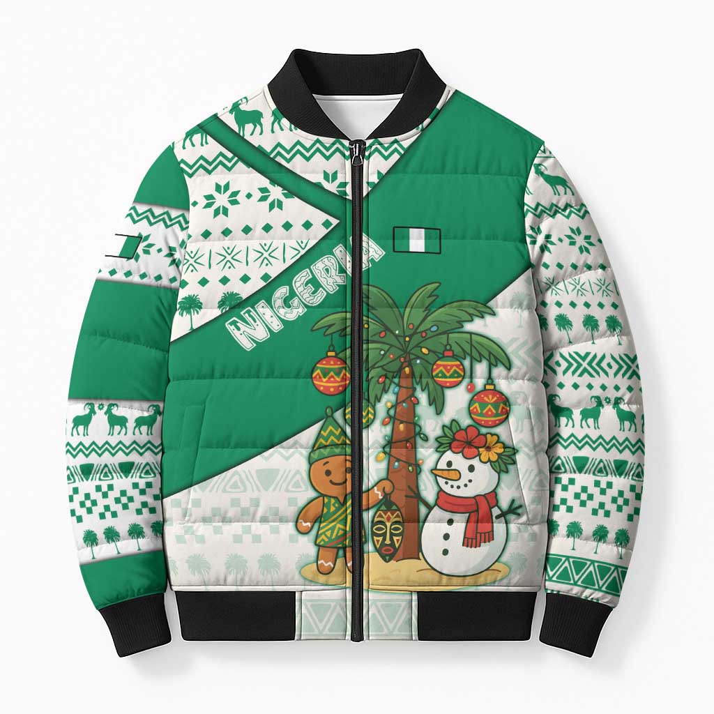 Nigeria Christmas Bomber Puffer Jacket with Gingerbread Snowman Palm Tree and Tribal Mask Design - Wonder Print Shop