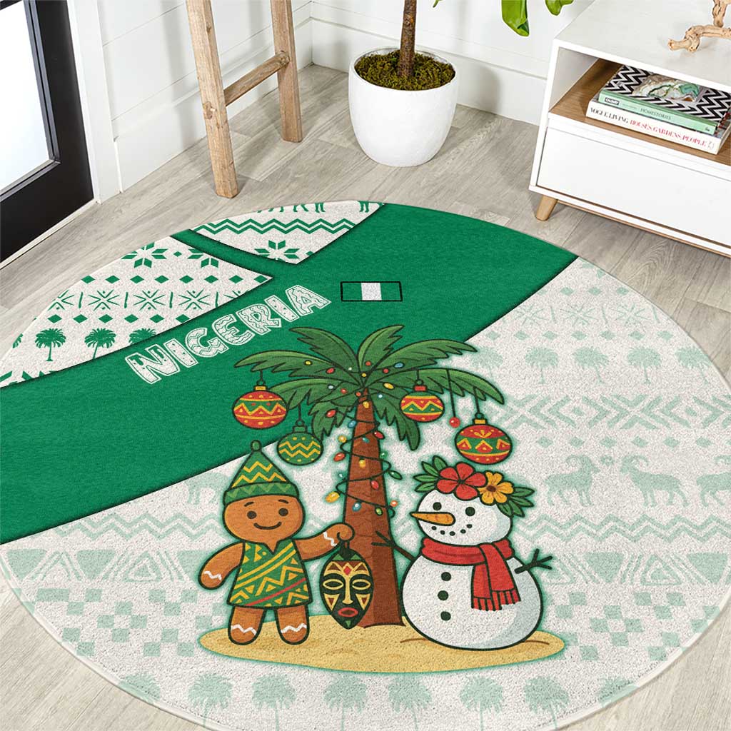 Nigeria Christmas Round Carpet with Gingerbread Snowman Palm Tree and Tribal Mask Design - Wonder Print Shop