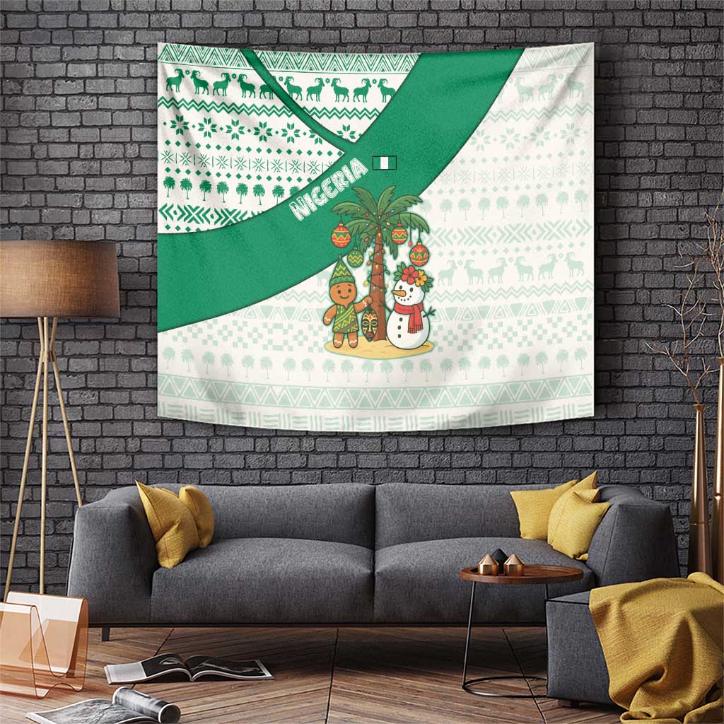 Nigeria Christmas Tapestry with Gingerbread Snowman Palm Tree and Tribal Mask Design - Wonder Print Shop