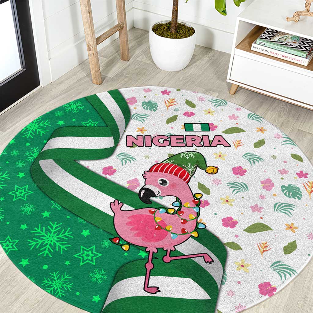 Nigeria Christmas Round Carpet with Pink Flamingo Tropical Leaves and Festive Lights Design - Wonder Print Shop