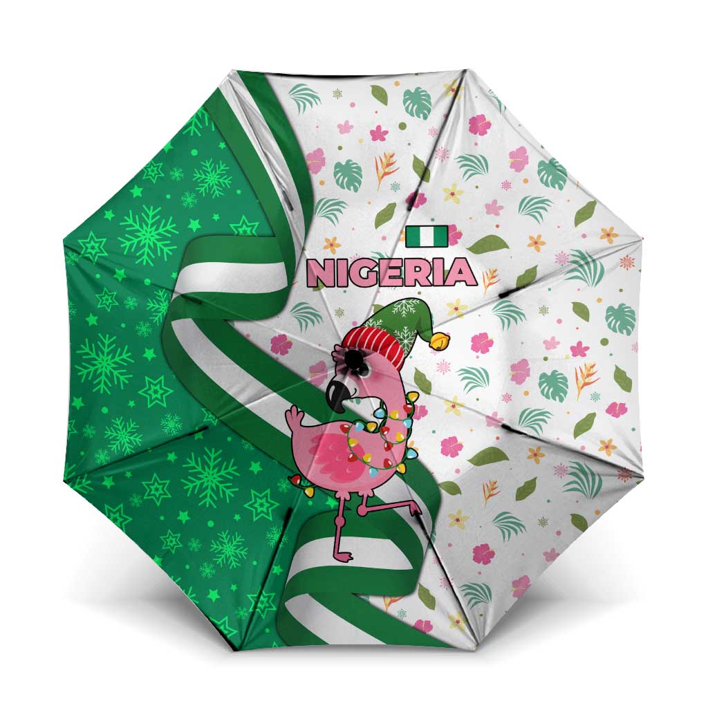 Nigeria Christmas Umbrella with Pink Flamingo Tropical Leaves and Festive Lights Design - Wonder Print Shop
