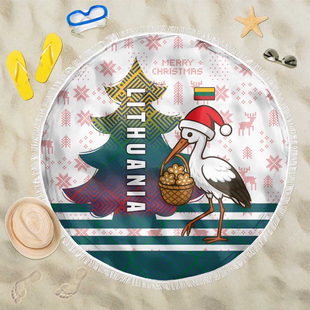 Lithuania Christmas Beach Blanket with Stork Basket Snowflakes and Traditional Pattern Design - Wonder Print Shop