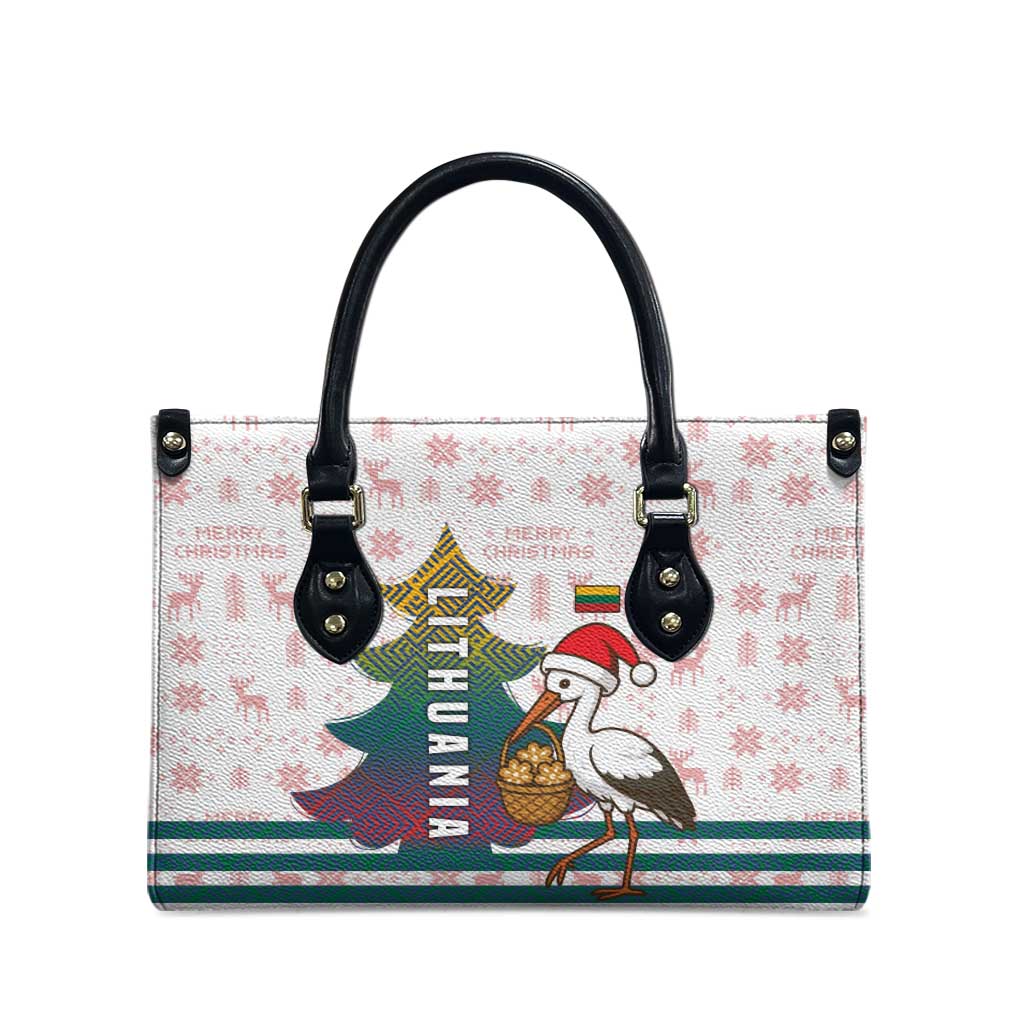 Lithuania Christmas Leather Bag with Stork Basket Snowflakes and Traditional Pattern Design - Wonder Print Shop