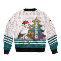 Lithuania Christmas Sleeve Zip Bomber Jacket with Stork Basket Snowflakes and Traditional Pattern Design - Wonder Print Shop
