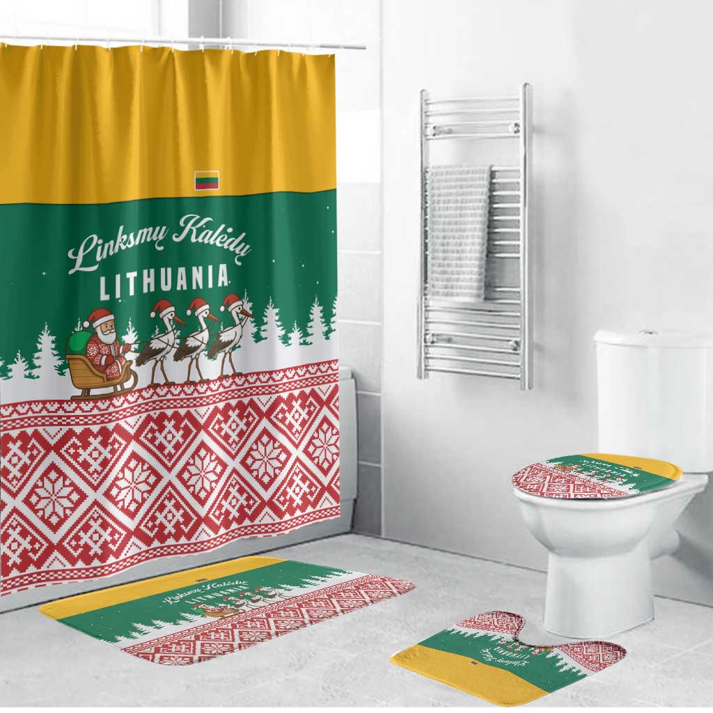 Lithuania Christmas Bathroom Set with Santa Sleigh Pulled by Storks and Folk Pattern Design - Wonder Print Shop