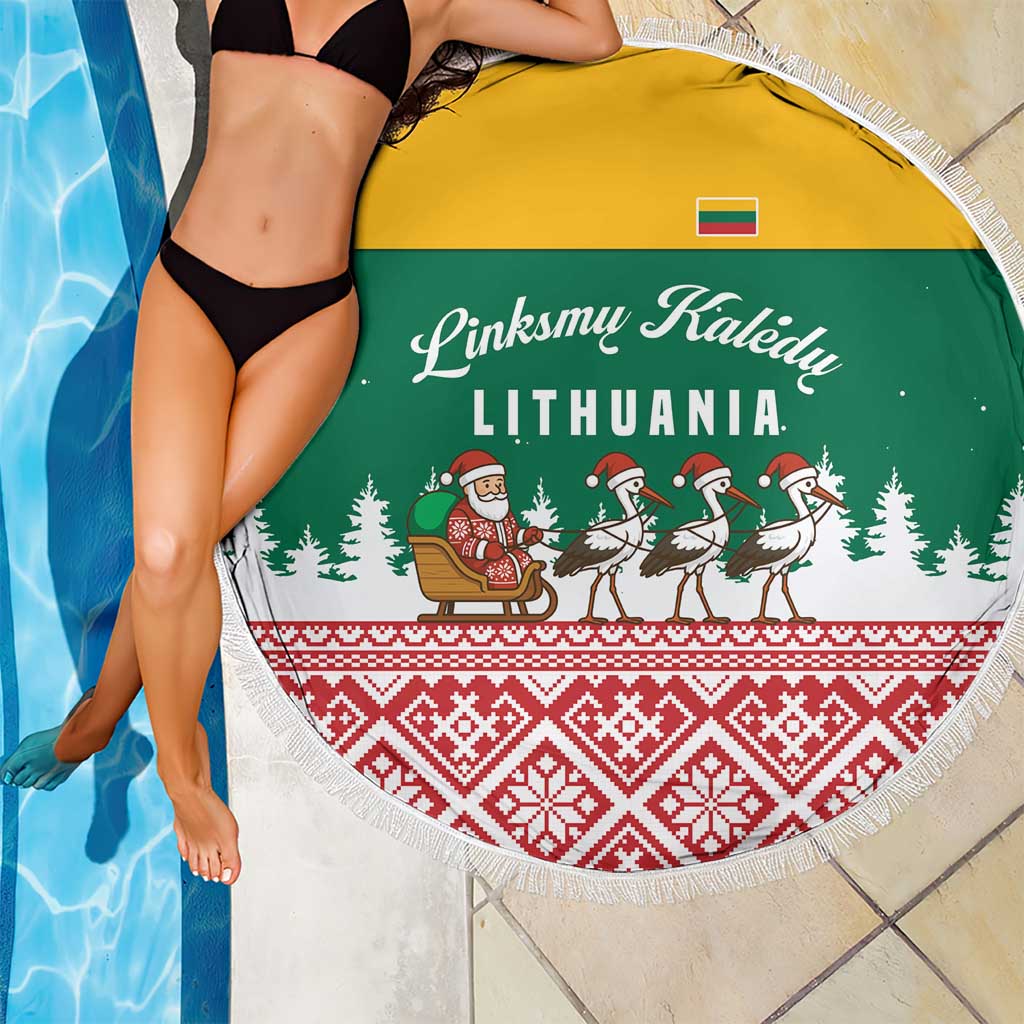 Lithuania Christmas Beach Blanket with Santa Sleigh Pulled by Storks and Folk Pattern Design - Wonder Print Shop