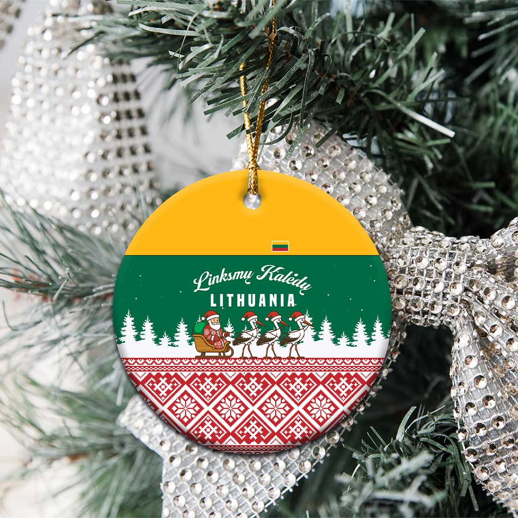 Lithuania Christmas Ceramic Ornament with Santa Sleigh Pulled by Storks and Folk Pattern Design - Wonder Print Shop