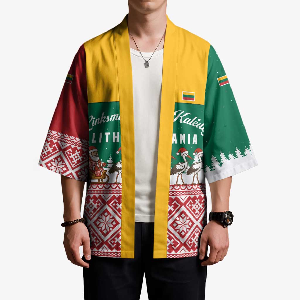 Lithuania Christmas Kimono with Santa Sleigh Pulled by Storks and Folk Pattern Design - Wonder Print Shop