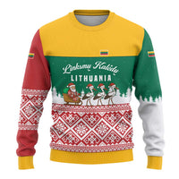 Lithuania Christmas Ugly Christmas Sweater with Santa Sleigh Pulled by Storks and Folk Pattern Design - Wonder Print Shop