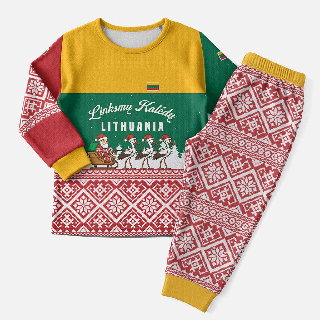 Lithuania Christmas Pajama Set with Santa Sleigh Pulled by Storks and Folk Pattern Design - Wonder Print Shop