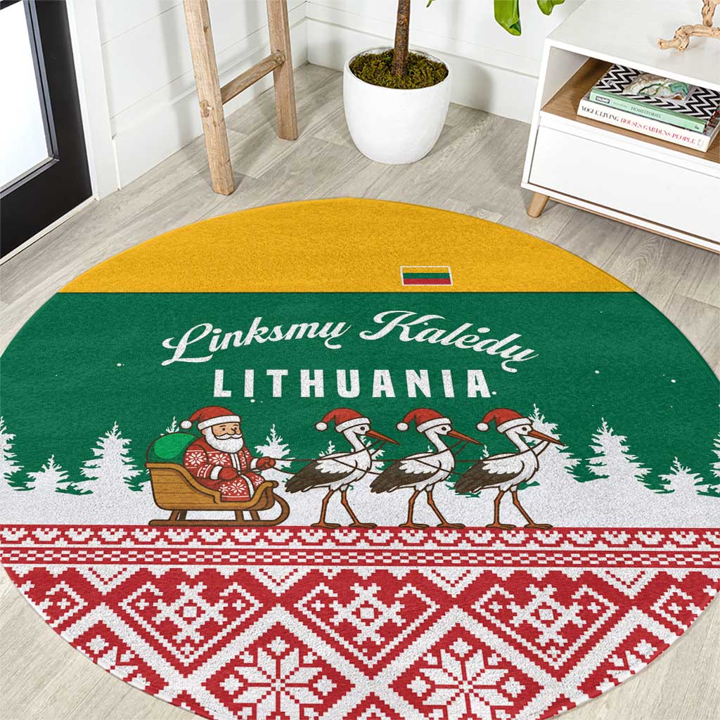 Lithuania Christmas Round Carpet with Santa Sleigh Pulled by Storks and Folk Pattern Design - Wonder Print Shop