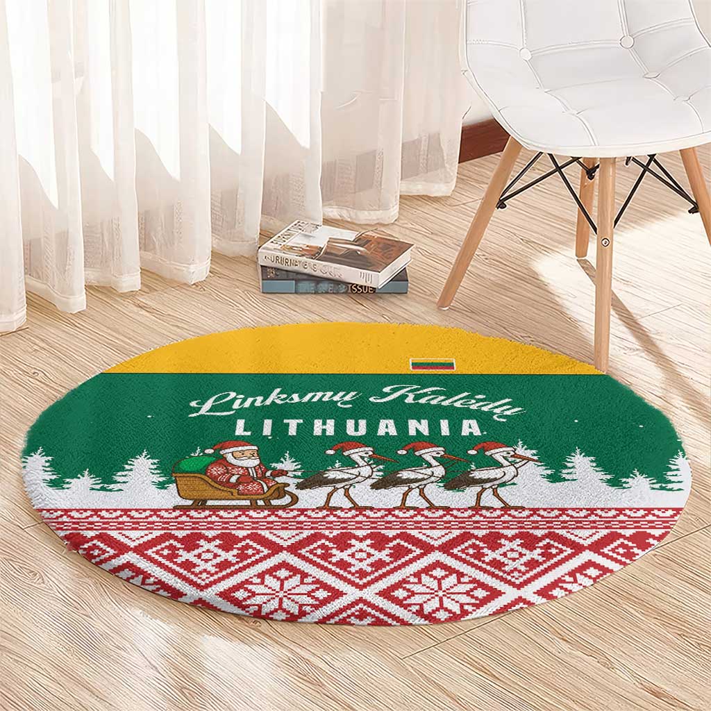 Lithuania Christmas Round Carpet with Santa Sleigh Pulled by Storks and Folk Pattern Design - Wonder Print Shop