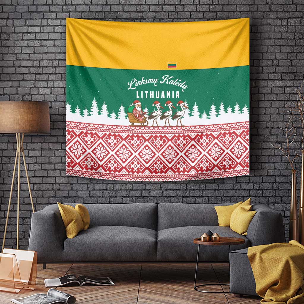 Lithuania Christmas Tapestry with Santa Sleigh Pulled by Storks and Folk Pattern Design - Wonder Print Shop
