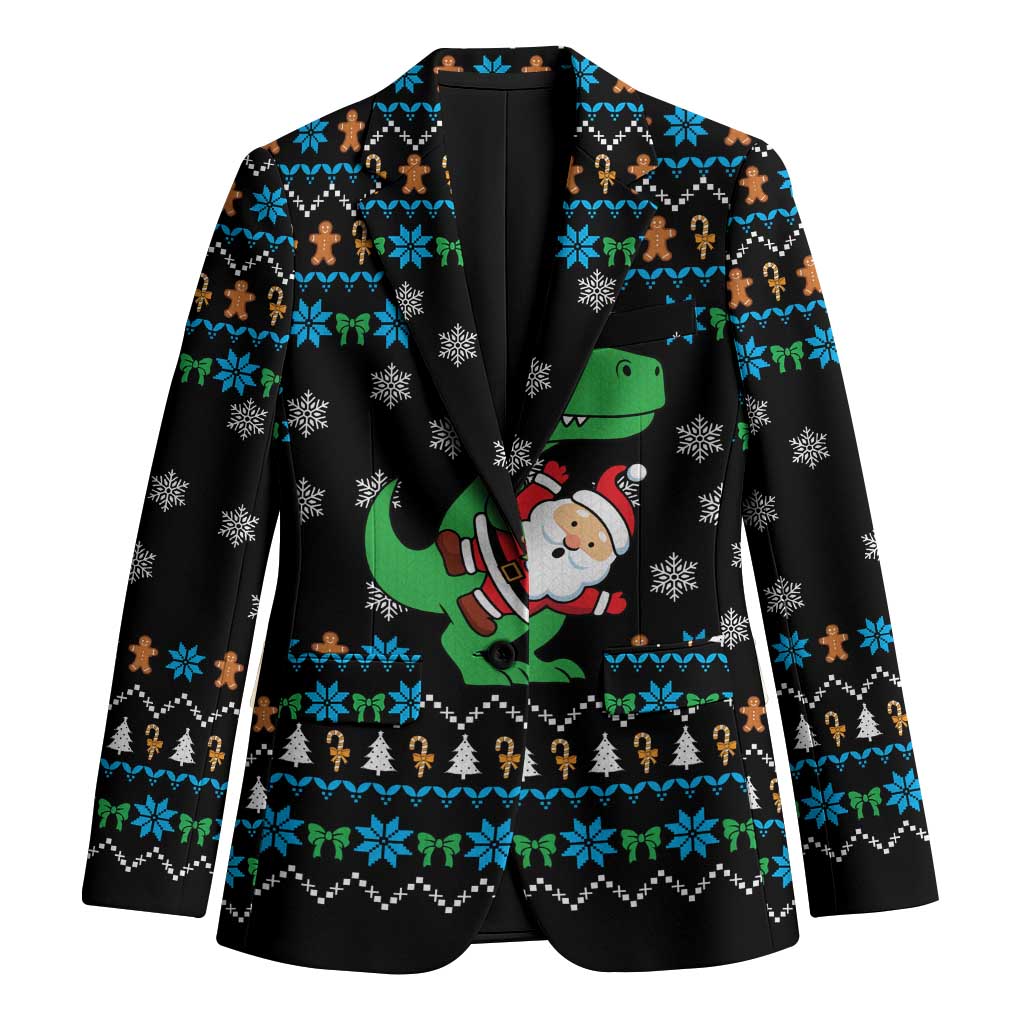 Funny Santa Riding Dinosaur Christmas Blazer Gingerbread Snowflake Pattern - Wonder Print Shop