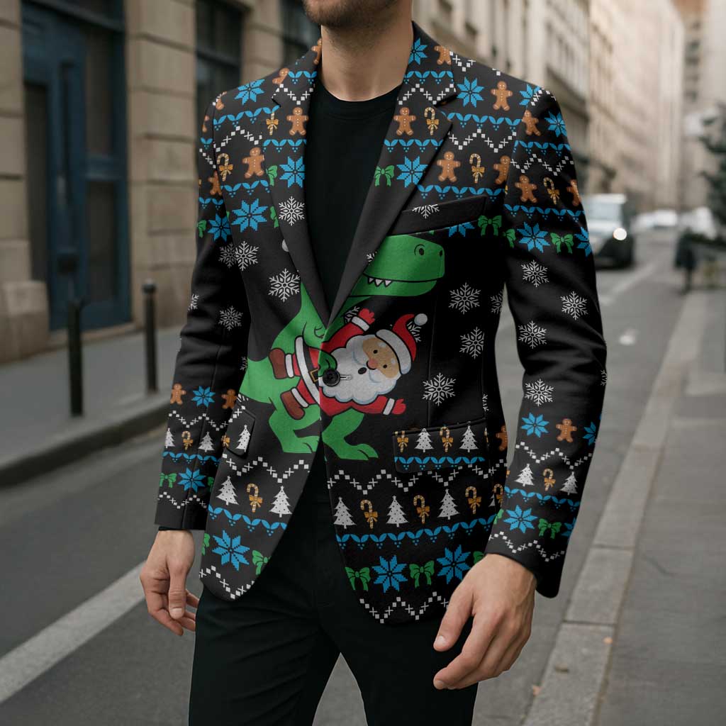 Funny Santa Riding Dinosaur Christmas Blazer Gingerbread Snowflake Pattern - Wonder Print Shop