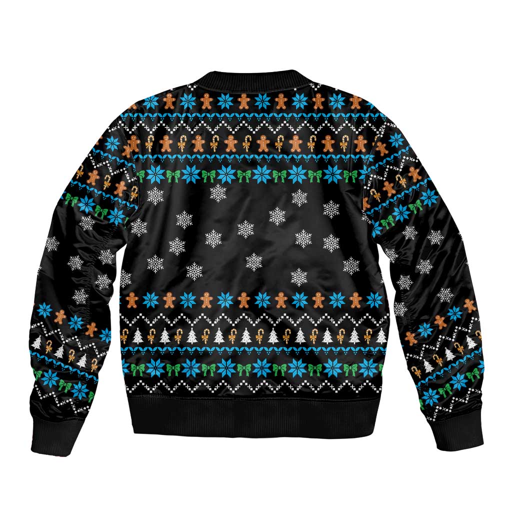 Funny Santa Riding Dinosaur Christmas Bomber Jacket Gingerbread Snowflake Pattern - Wonder Print Shop
