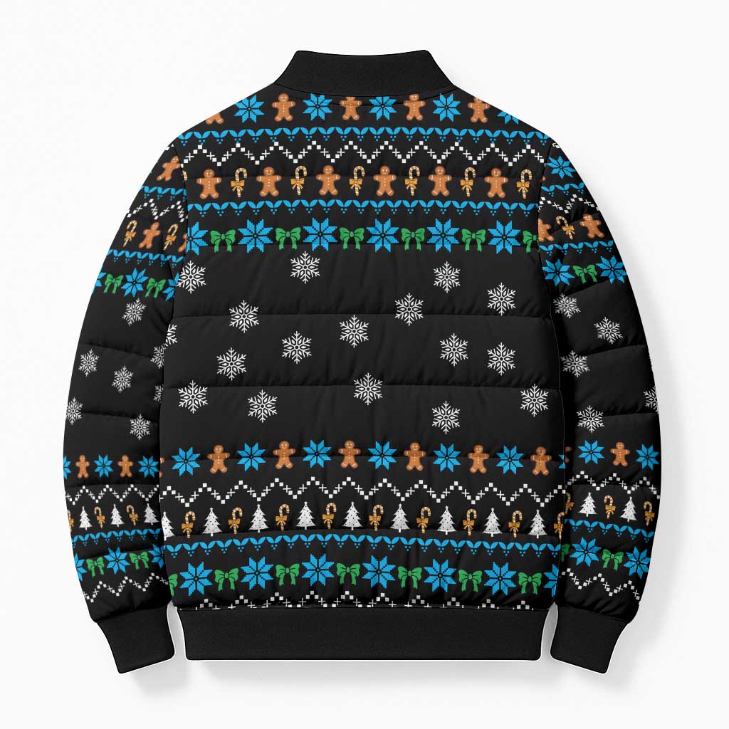 Funny Santa Riding Dinosaur Christmas Bomber Puffer Jacket Gingerbread Snowflake Pattern - Wonder Print Shop