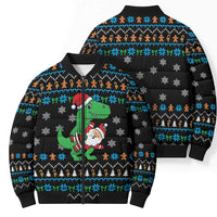 Funny Santa Riding Dinosaur Christmas Bomber Puffer Jacket Gingerbread Snowflake Pattern - Wonder Print Shop