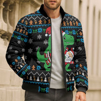 Funny Santa Riding Dinosaur Christmas Bomber Puffer Jacket Gingerbread Snowflake Pattern - Wonder Print Shop