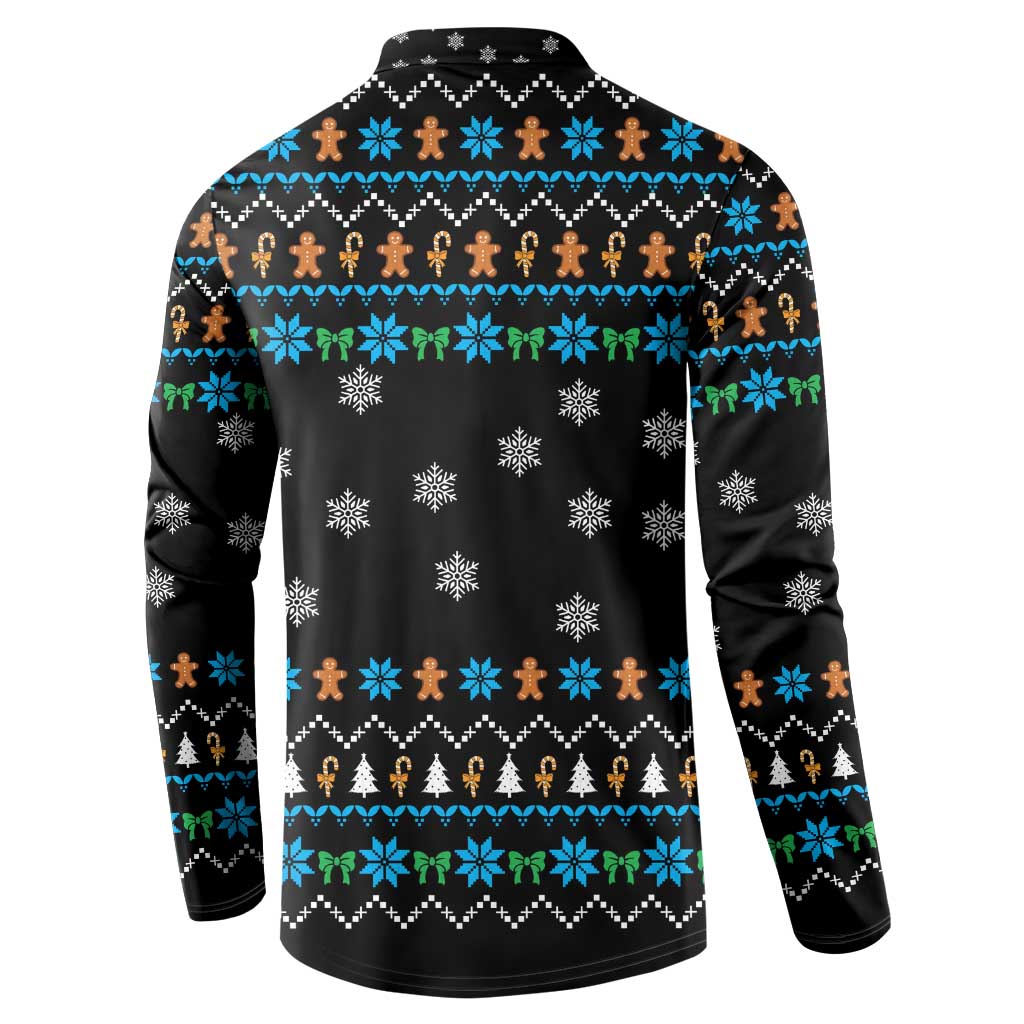 Funny Santa Riding Dinosaur Christmas Button Sweatshirt Gingerbread Snowflake Pattern - Wonder Print Shop
