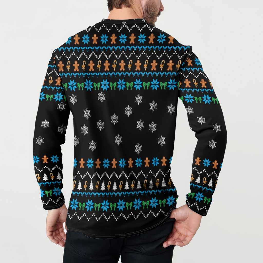 Funny Santa Riding Dinosaur Christmas Button Sweatshirt Gingerbread Snowflake Pattern - Wonder Print Shop