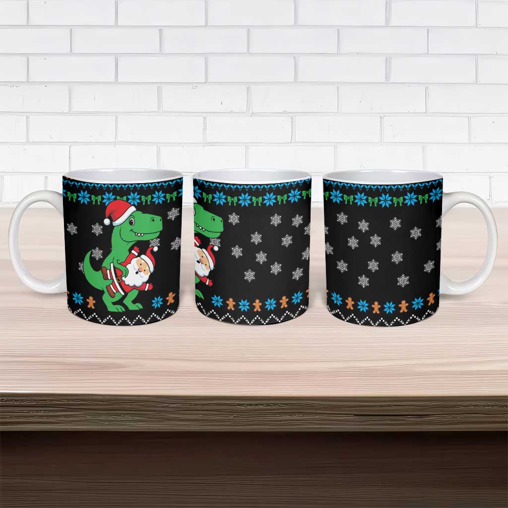 Funny Santa Riding Dinosaur Christmas Ceramic Mug Gingerbread Snowflake Pattern - Wonder Print Shop
